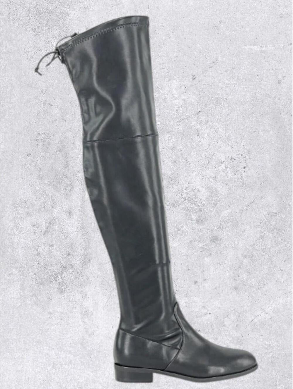 Stuart Weitzman Over the Knee Drawstring Black Leather Land Boots Made In Spain